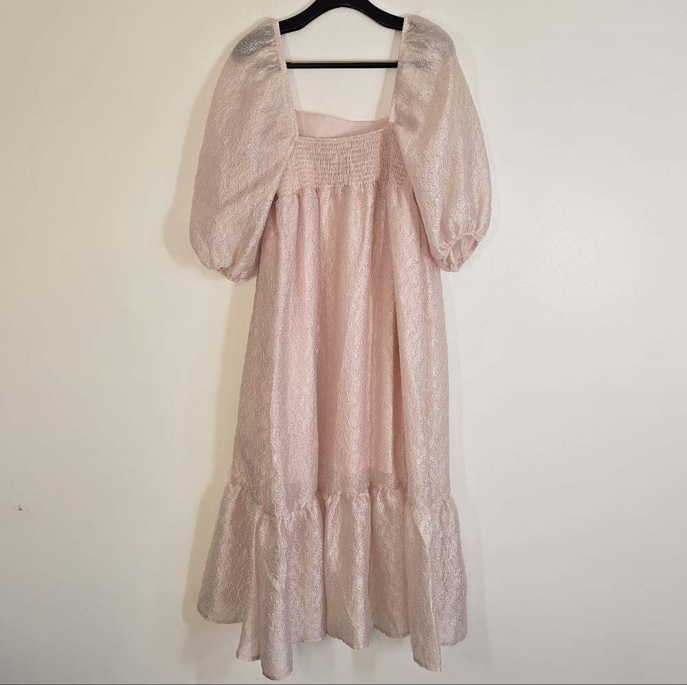 NWT Anthropologie Textured Puff Sleeve Pink Midi Dress Medium - Picture 6 of 9